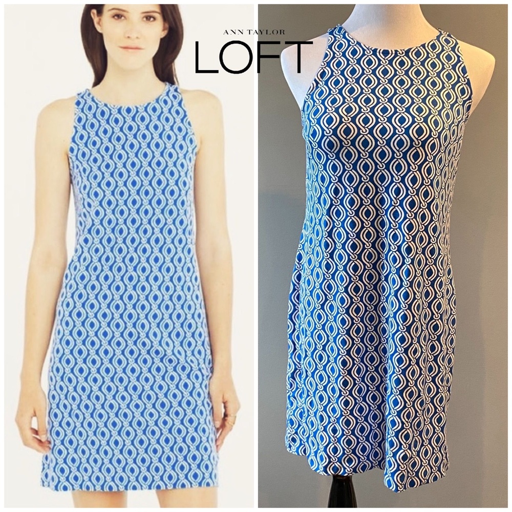 LOFT Shift Dress Chain Print Daphne Blue PS